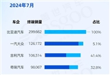 2024年7月中國乘用車車企銷量排行榜
