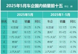 5月车企销量前15：比亚迪断层式领先