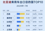 2025年1-7月比亚迪乘用车出口TOP10国家